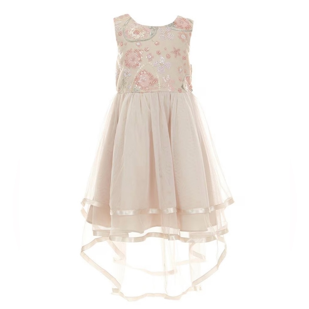 Rare Editions Sequin Embellished Embroidered Mesh-Overlay High-Low Hem Dress